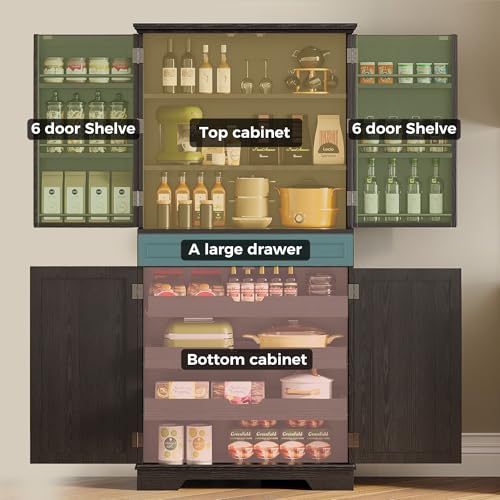 72" Farmhouse Kitchen Pantry Cabinet with Sliding Storage Rack