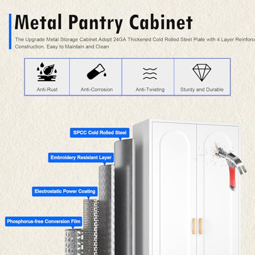60" White Metal Kitchen Pantry Storage Cabinet with Doors and Shelves