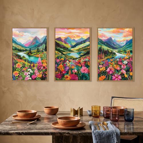 Colorful Mountain Floral Framed Canvas Wall Art Set