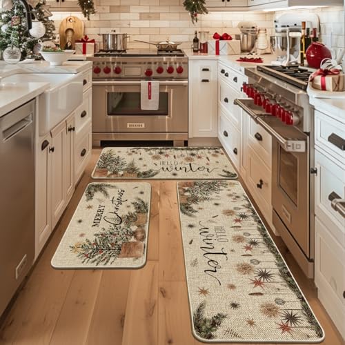 Holly Ornament Merry Christmas Kitchen Mats Set of 2