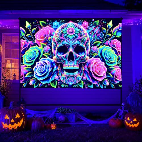 Blacklight Tapestry Floral Skull Room Decor 78 x 59 Inch