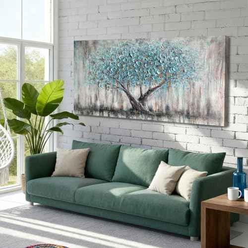 Tree Wall Art Canvas for Living Room Blue Tree of Life Nature Teal Abstract Painting