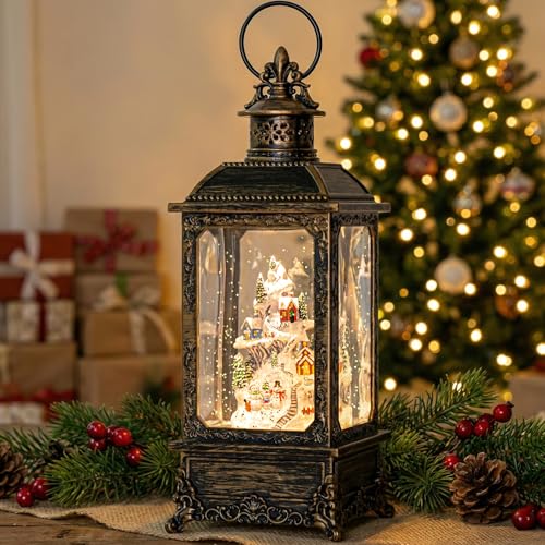 Christmas Snow Globe Lantern Musical Lighted Snow Mountain Snowman Village Water Lantern with Swirling Glitter Decoration for Christmas Home