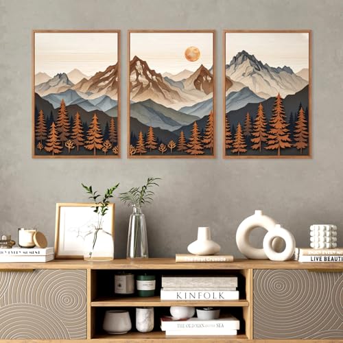 Boho Woodcut Mountain Framed Canvas Wall Art