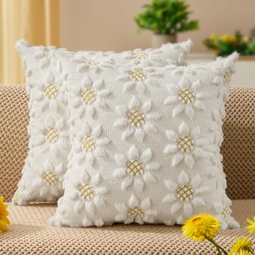 Spring Summer Pillow Covers 16x16 inch Set of 2 White Sunflower (2 Count)