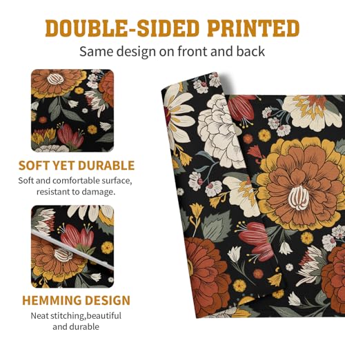 Black Boho Floral Placemats Set of 4 Spring Summer Vintage Flowers Botanical Decorative Table Mats Mid Century Modern Linen Place Mats for Party Kitchen Dining Outdoor Indoor Decor (4 Count)