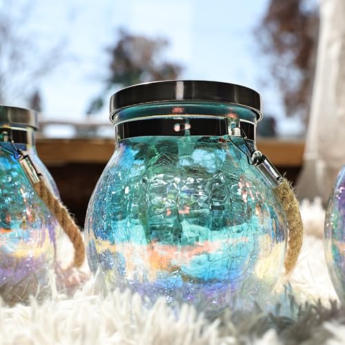 Gift for her him 2 Pack Solar Lanterns Waterproof Outdoor Iridescent Heavy Crackle Glass a Big LED Stainless Steel Lid 215% Solar for Women Mom Grandma Outdoor Table Lamps Garden Backyard Decor (2 Count)