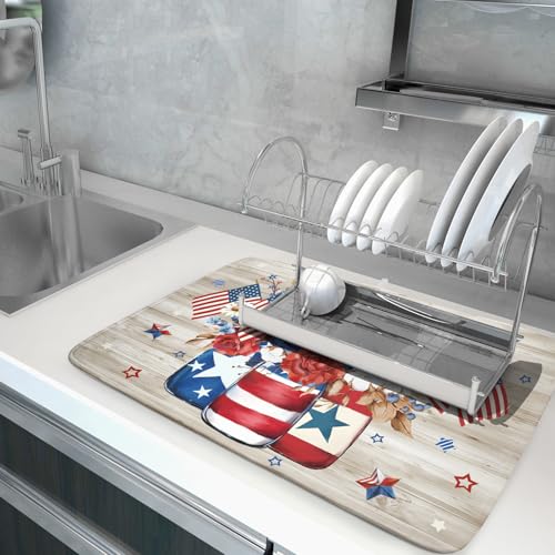 4th of July Dish Drying Mat for Kitchen Counter Patriotic Floral Super Absorbent Reversible Microfiber Kitchen Countertop Protector Dishes Pad Large 18x24 inch
