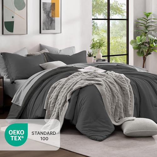 King Size Comforter Set 7 Pieces Dark Grey Bed in a Bag