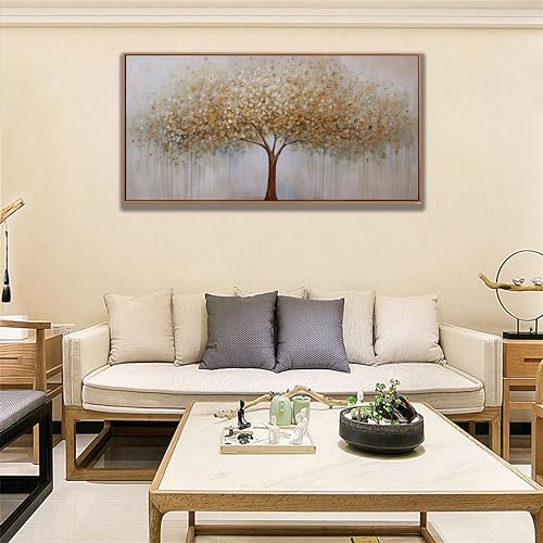 Wall Art Gold Abstract Tree of Life Framed Modern Artwork Canvas Painting Textured Tree Pictures Wall Decor Home Decor Wall Ready to Hang for Bedroom Living Room Size 58" Lx29 W