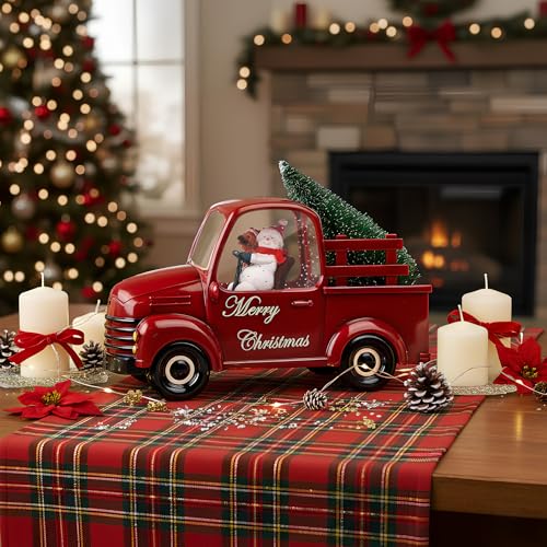 Christmas Snow Water Lantern Glittering Snowman and Pup in Red Truck with Christmas Tree