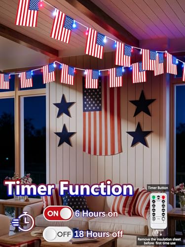 4th of July Lights 24FT Red White Blue Flag LED String Lights with Remote