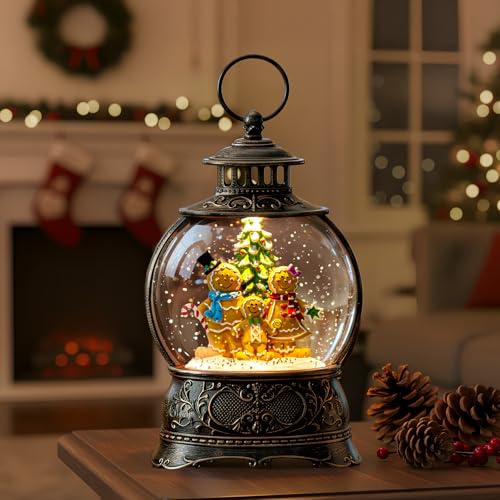 Christmas Snow Globe Lantern Water Glittering Gingerbread Family with Music& Timer