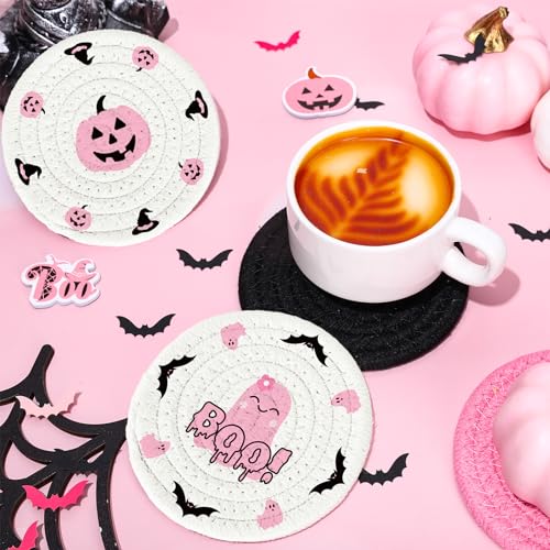4Pcs Halloween Handmade Braided Cotton Coasters Pink Black Pumpkin Ghost Boo Drink Coasters Absorbent Cup Mat for Home Office Party Decor (4 Count)