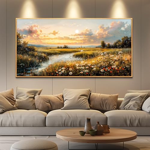 Large Wood Framed Wall Decor For Living Room Canvas Wall Art For Office Modern Wall Decorations For Bedroom Sunset Landscape Painting Farmhouse Pictures Artwork Room Home Decor 24x48 In