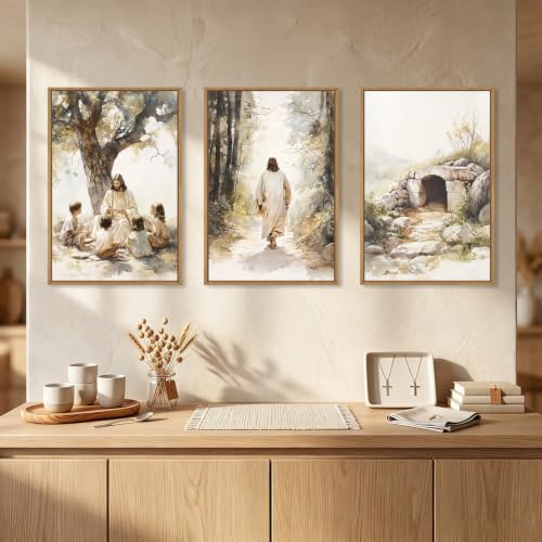 Large Jesus Teaching Children on Path Framed Canvas Wall Art (3 Count)