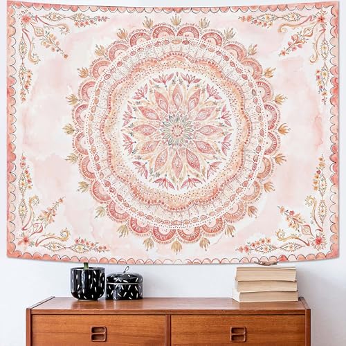 Boho Floral Mandala Tapestry Wall Hanging Pink Bohemian Flower Medallion Tapestry Aesthetic Watercolor Hippie Indian Small Tapestries for Bedroom Living Room Dorm Decor 48 x 36 Inch