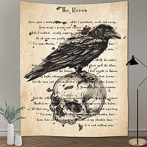 Raven Tapestry Edgar Allan Poe Poem Tapestry Gothic Skull Dictionary Tapestries Wall Hanging Background 60x80 Inches Living Room Bedroom Home Dorm