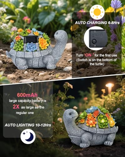 Solar Turtle Statue Garden Decor for Outside with Succulents & 7 LED Lights
