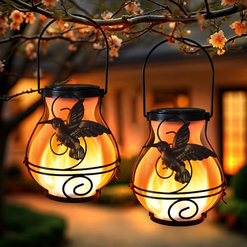 2 Pack Solar Lanterns Outdoor Waterproof Flickering Flame Lights Hummingbird Metal Hanging Solar Lantern Patio Porch Garden Decoration (2 Count)