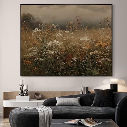 60"x72" Extra Large Framed Wall Art Autumn Meadow Landscape Rustic Brown and Golden Field Illustration for Home Living Room Bedroom Decor