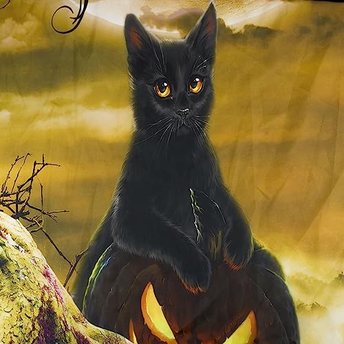 Halloween Wall Tapestry Horror Witch Cat and Dead Tree Pumpkin Lights with Spooky Graveyard Tapestry Orange Full Moon over Misty Forest Wall Decor for Bedroom Living Room Dorm 92.5x70.9 Inches