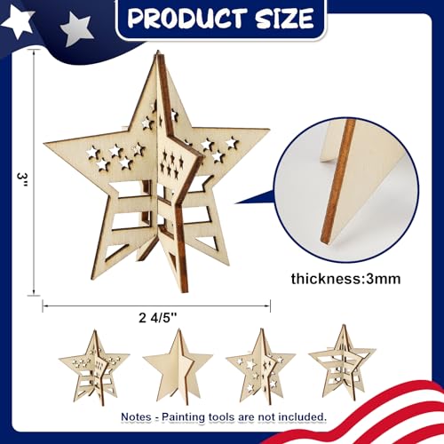 DIY 3D 4th of July Stars Wood Crafts to Paint (24 Count)