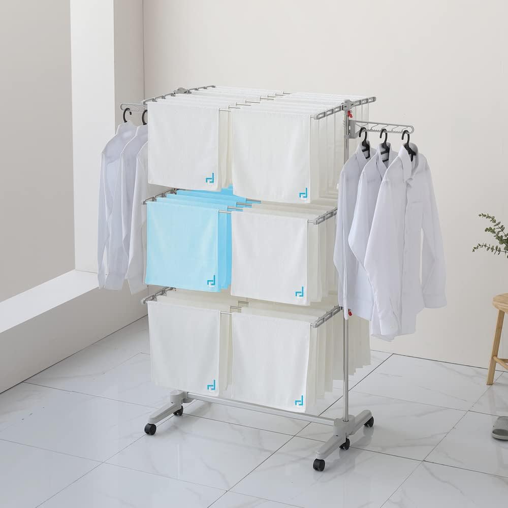 Foldable Laundry Drying Rack with Wheels - 48 Drying Rods, Heavy Duty, Movable, Perfect for Clothes, Duvet, Socks, Bed Linen, Sheets, 6 Wings - NestledHome