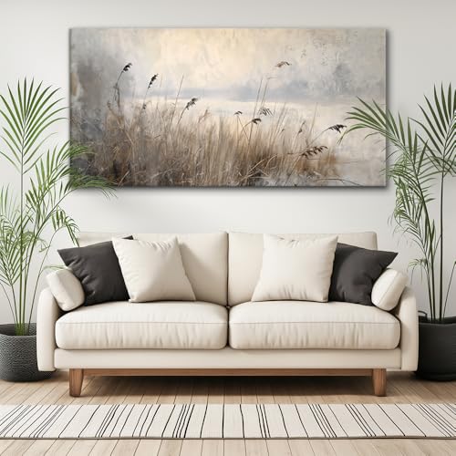 Vintage Meadow Wall Art for Living Room Reed Grass Canvas Painting Prints Large Retro Rustic Cottagecore Countryside Landscape Farmhouse Bedroom Artwork Home Decor