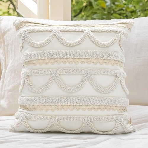 Boho Throw Pillow Covers 18x18 Tufted for Couch Sofa Beige