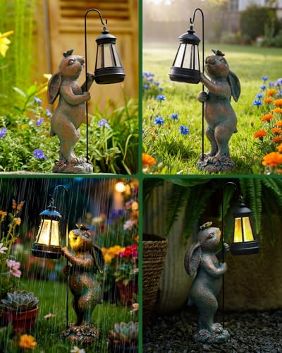 Garden Statues Outdoor Bunny with Solar Lantern