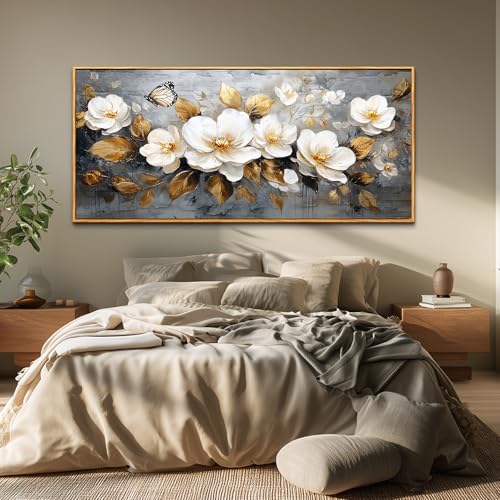 Wood Framed Canvas Wall Art For Living Room Large Wall Decor For Office Bedroom Decoration White Flower Pictures Farmhouse Painting Artwork Room Wall Mural Aesthetic Home Decor 32x72