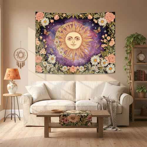Vintage Sun and Moon Boho Hippie Purple Floral Tapestry 80 x 60 Inch