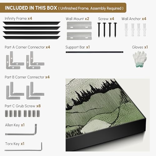 24"x46" Extra Large Framed Wall Art Green Line Art Mountain Landscape Illustration for Home Living Room Bedroom Decor