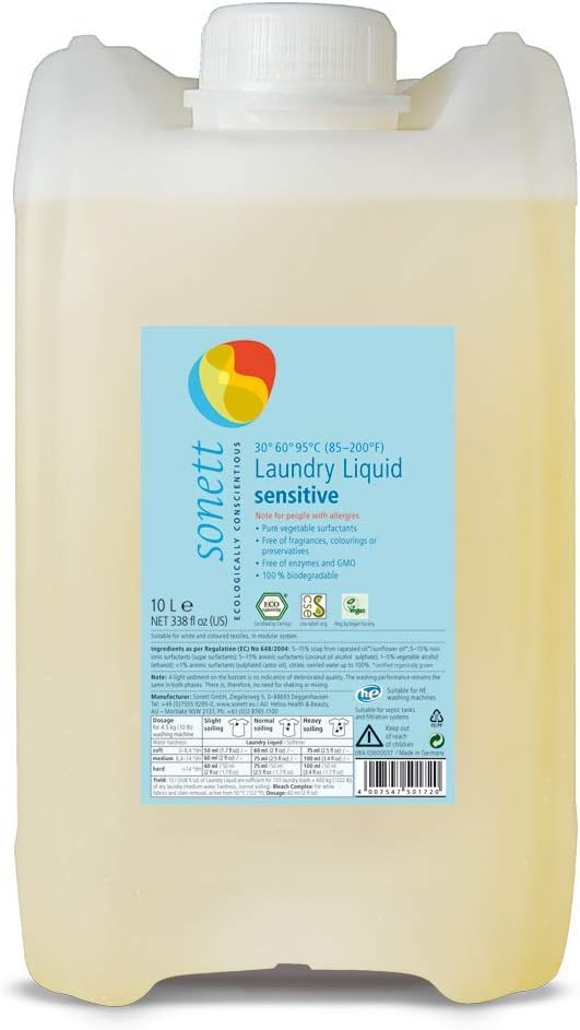 Sonett Organic Laundry Liquid Detergent Sensitive (2.6 gal/10L) for people with allergies GMO free Certified Organically Grown - NestledHome