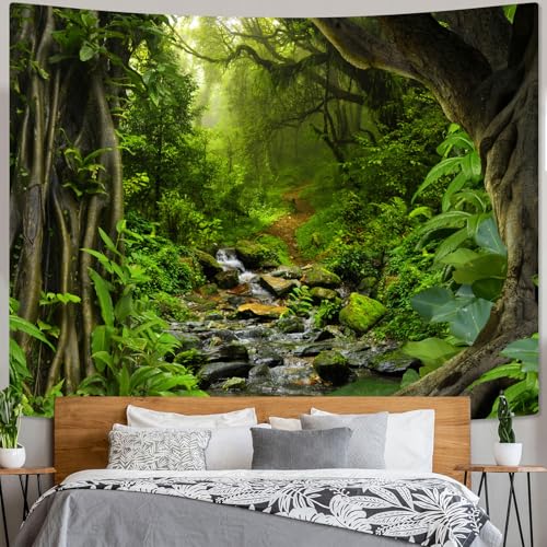 Green Rainforest Tapestry Nature Forest Tapestry for Bedroom Aesthetic Misty Tropical Jungle Trees Flowing Stream Landscape Tapestries Wall Hanging for Living Room Dorm 60 x 44 Inch