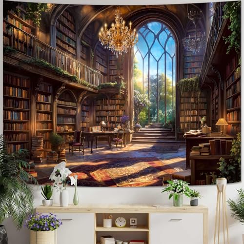 Vintage Library Tapestry Medieval Bookshelf Tapestries Wall Hanging Fantasy Academia Hall Book Backdrop Large Tapestry for Bedroom Living Room Dorm Classroom 80 x 60 inch
