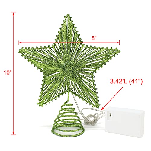 Green Glittered 3D Tree Top Star with Warm White LED Lights and Timer for Christmas Tree Decoration and Holiday Seasonal Décor