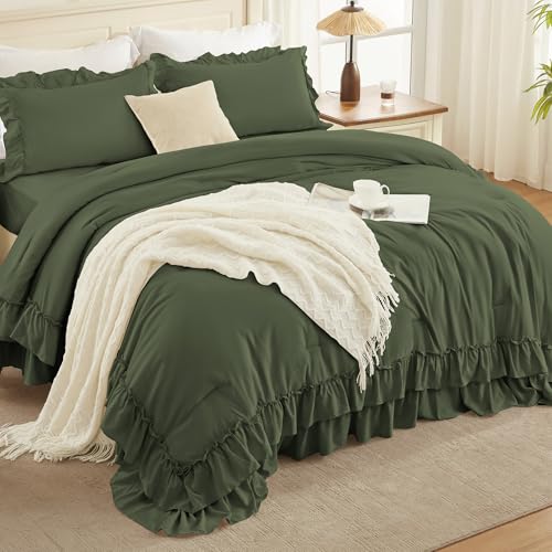 Olive Green Ruffle Full Size Comforter Set