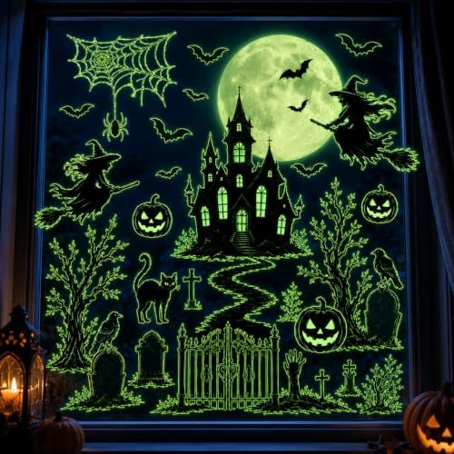 Glow in the Dark Halloween Window Stickers Luminous Ghost Pumpkin Black Cat Spider Bat Candy Moon Window Decals for Halloween Party Supplies Home Glass Decorations