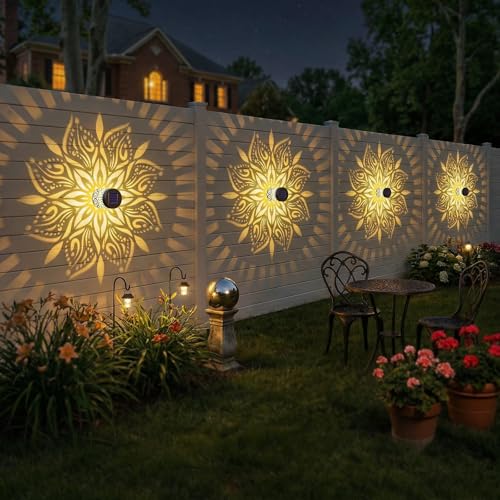 2 Pack Solar Fence Lights Metal Solar Powered Outdoor Wall Deck Step Lights Mandala Theme Waterproof Fence Light for Garden Post Patio Backyard Yard Decor (2 Count)