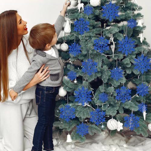 36pcs Christmas Navy Blue Snowflake Ornaments Plastic Glitter Snow Flakes Ornaments for Winter Christmas Tree Decorations Size Varies Craft Snowflakes (36 Count)