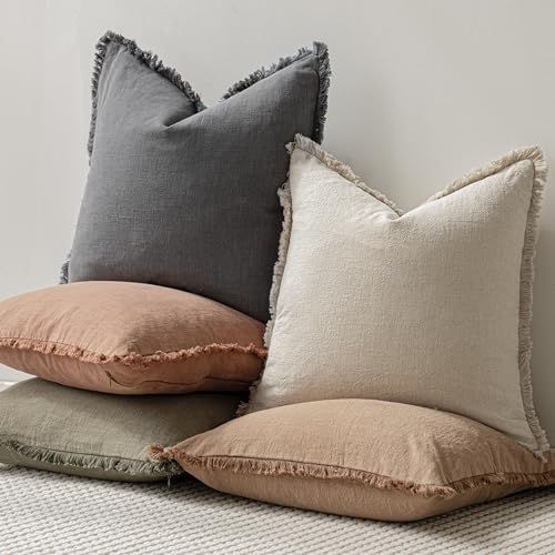 Decorative Linen Fringe Throw Pillow Covers 16×16 Inch (2 Count)