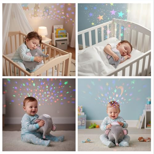 Baby Elephant Soother Toy with Starry Night Light Projector