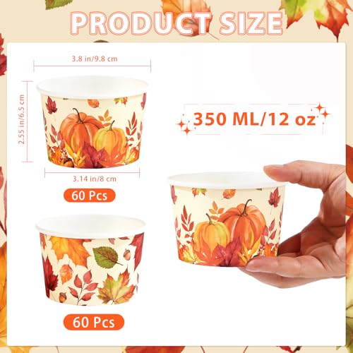 120 PCS Fall Paper Cups 12 oz Maple Leaves Pumpkin Snack Bowls Disposable Autumn Thanksgiving Dessert Cups for Fall Thanksgiving Halloween Harvest Party Snacks Candies Party Supplies (12 Count)