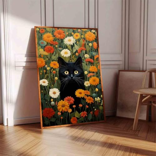 Black Cat Wall Art Colorful Flower Pictures Funny Cat Painting Green Plant Pictures Colorful Wildflowers Wall Art Cute Animals Floral Picture Aesthetic Living Room Decor 16x24inch No Frame