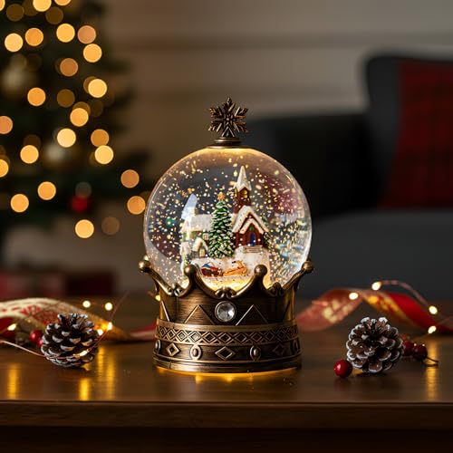 Christmas Snow Globe Lantern Water Glittering Village & Santa Crown with Music
