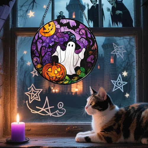 Stained Glass Window Hanging Halloween White Ghost Black Bat 7.8"