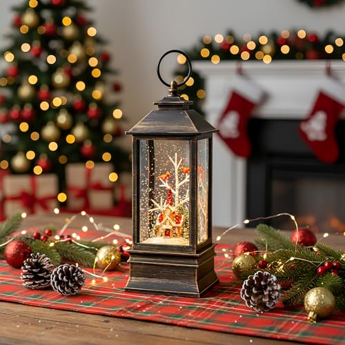 10'' Christmas Snow Globe Lantern Lighted Christmas Village Church Scene Musical Water Lantern with Swirling Glittering Home Decoration and Gift