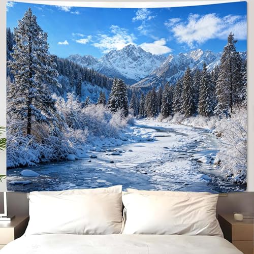 Winter Forest Snow Mountain Tapestry Snowy Pine Tree Woodland Tapestry for Bedroom Aesthetic White Clouds Flowing River Landscape Tapestries Wall Hanging for Living Room Dorm Office 48 x 36 Inch